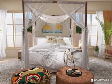 A canopy bed in a bright, airy bedroom featuring sheer drapes and a soft color palette, showcasing an elegant interior design with a focus on comfort and relaxation, using Homestyler's real-time 3D rendering for a stunning visual presentation.