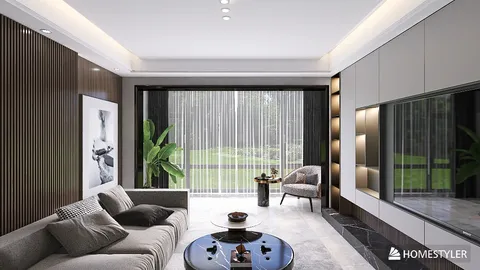 modern living room interior design featuring a cozy sofa arrangement with decorative cushions, showcasing a stylish layout that enhances open space, utilizing Homestyler's real-time 3D rendering feature.