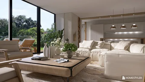 Modern living room with cozy sofa and coffee table, designed using Homestyler to enhance interior decor ambiance, featuring large windows for natural light.