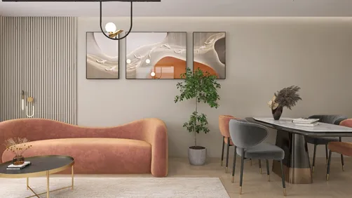 cozy living area featuring a modern curved sofa and elegant dining table design with a minimalist style, showcasing interior design ideas for small spaces using Homestyler's real-time 3D rendering feature.