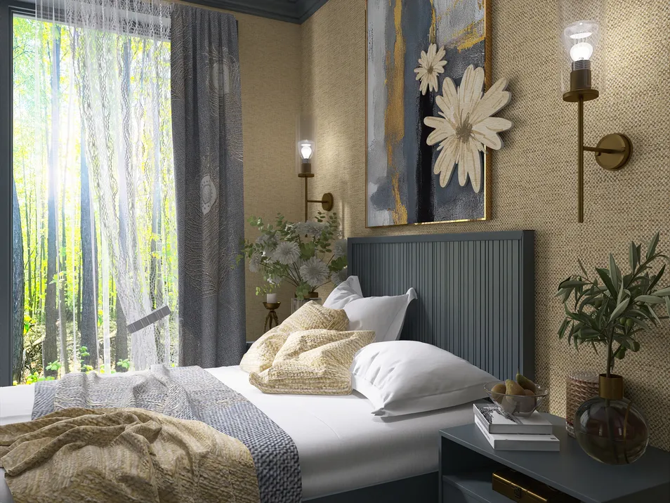 Cozy bedroom with elegant bedding and artwork, showcasing a modern design style, utilizing Homestyler's real-time 3D rendering feature for interior decor visualization.