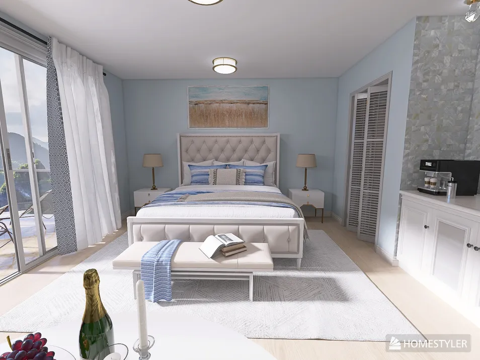 modern bedroom design featuring a large bed with elegant bedding and stylish decor; showcasing a serene coastal theme; emphasizes relaxation and comfort; utilizes Homestyler's real-time 3D rendering feature for realistic previews.