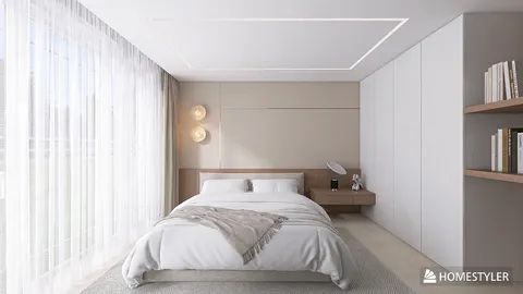 modern bedroom featuring a spacious layout with neutral colors and natural light, designed using Homestyler's real-time 3D rendering functionality for quick design previews.