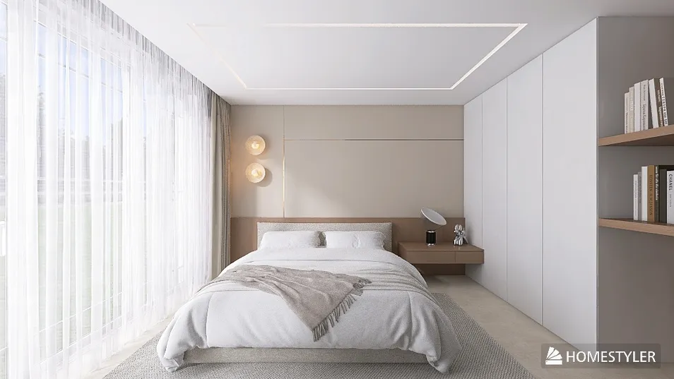 modern bedroom featuring a spacious layout with neutral colors and natural light, designed using Homestyler's real-time 3D rendering functionality for quick design previews.
