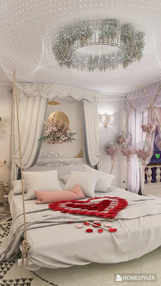 cozy bedroom with a romantic theme featuring a heart-shaped flower arrangement on the bed, styled in a luxurious decor, showcasing the interior design concept using Homestyler's real-time 3D rendering feature.