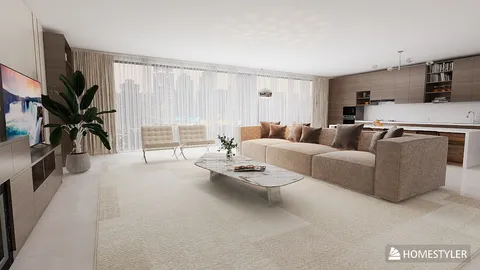 Living room with a modern sofa arrangement featuring smart furniture layout, showcasing a contemporary style that optimizes space value, utilizing Homestyler's real-time 3D rendering functionality.