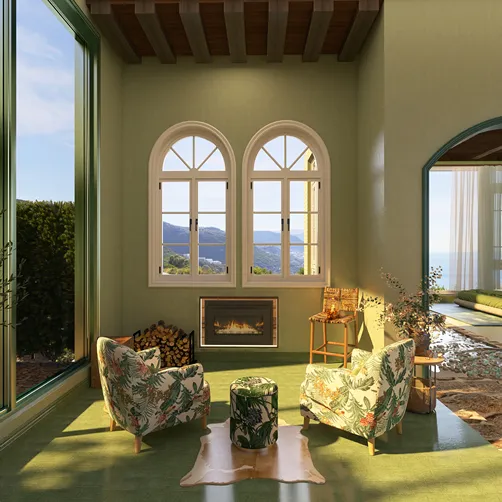 cozy living room with floral armchairs and green walls featuring a fireplace, showcasing interior decor concepts using Homestyler's real-time 3D rendering for optimal design visualization.