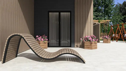 curved outdoor lounge chair positioned on a patio with flower planters creating a modern relaxation space; featuring Homestyler's real-time 3D rendering functionality for efficient design visualization