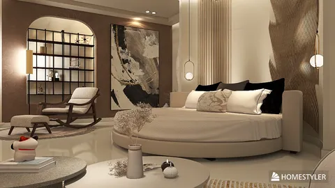 stylish living room with a round bed creating a cozy atmosphere showcasing minimalist interior decor, featuring Homestyler's real-time 3D rendering for design proposal presentation.