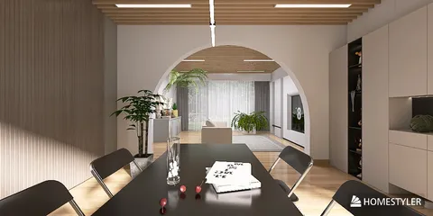 dining table with decorative items and chairs arranging in a minimalist style dining area featuring an open space layout and natural light, showcasing Homestyler's real-time 3D rendering for interior design.