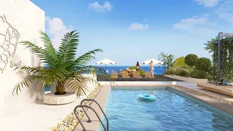 modern outdoor pool with lounge chairs and sea view in a tropical style featuring real-time 3D rendering for stunning interior decor visualization