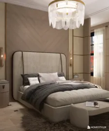 modern bedroom design featuring a luxurious upholstered bed with a stylish headboard, utilizing Homestyler's real-time 3D rendering for an immersive visualization experience
