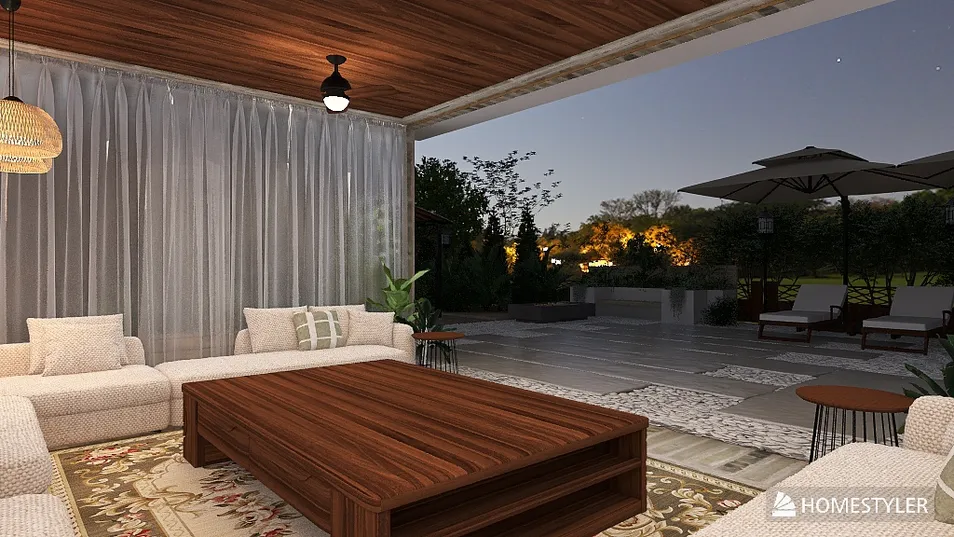 Cozy outdoor living area featuring a spacious sofa arrangement and a wooden coffee table, designed in a contemporary style, showcasing the benefits of realistic 3D rendering in Homestyler.