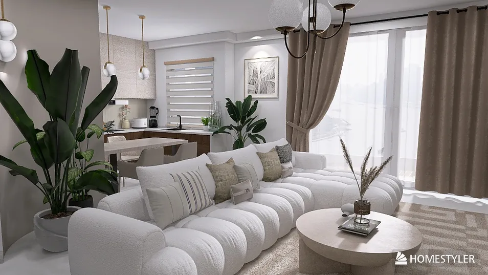 cozy living room with a plush white sofa and decorative pillows featuring a modern design style, showcasing interior decor options in Homestyler; includes smart furniture arrangement for optimized small space.