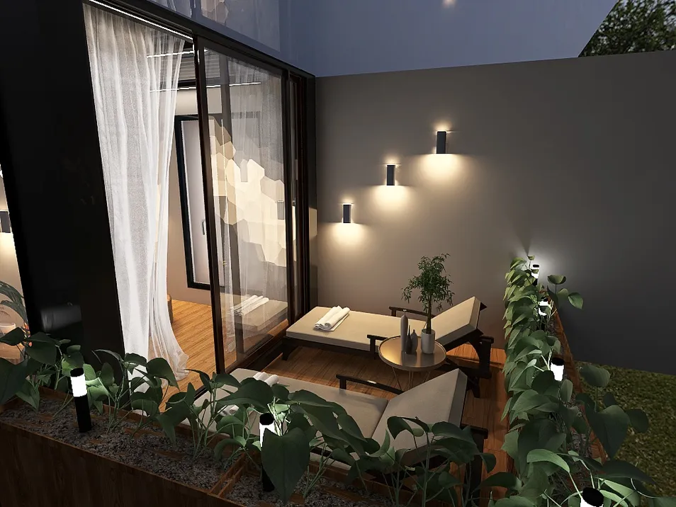 outdoor seating area showcasing a cozy design with modern light fixtures and lush greenery, enhancing the aesthetic of an outdoor space using Homestyler's real-time 3D rendering feature.