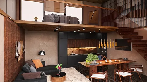 spacious living room with open kitchen design featuring modern furniture arrangement in an industrial style, showcasing Homestyler's real-time 3D rendering capabilities for an immersive interior decor experience.