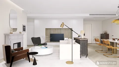 Modern living room with sleek furniture arrangement showcasing a cozy atmosphere, featuring a stylish coffee table and elegant decor elements, designed using Homestyler's real-time 3D rendering for accurate preview.