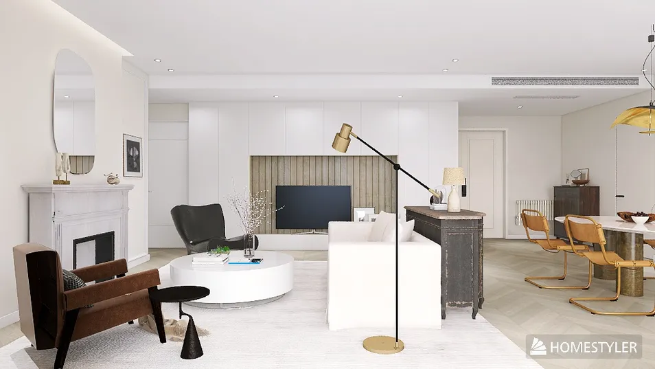 Modern living room with sleek furniture arrangement showcasing a cozy atmosphere, featuring a stylish coffee table and elegant decor elements, designed using Homestyler's real-time 3D rendering for accurate preview.