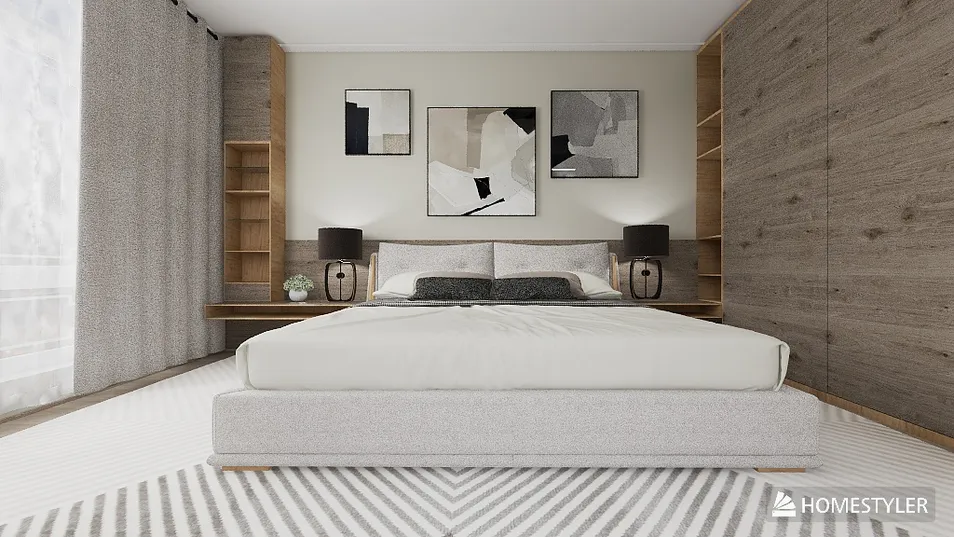 Modern bedroom interior featuring a minimalist bed design and stylish decor, showcasing a cozy atmosphere and optimal space utilization with Homestyler's real-time 3D rendering feature.