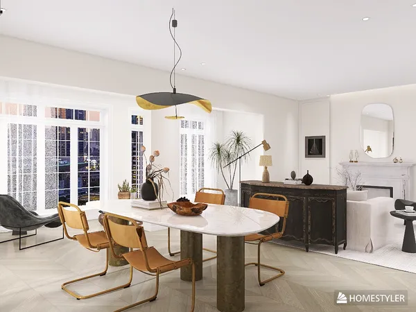 modern dining area featuring a marble table with stylish chairs, showcasing a contemporary design style, optimized for interior decor with Homestyler's real-time 3D rendering feature.
