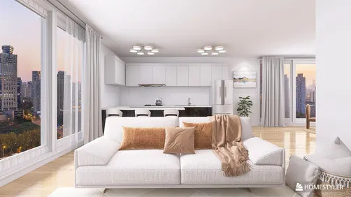 modern living room interior design showcasing a white sofa with throw pillows and a view of the city skyline, featuring Homestyler's real-time 3D rendering functionality for effective design proposal presentation.