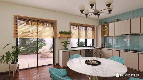 modern kitchen design featuring a round dining table with marble top, highlighting intelligent furniture arrangement to optimize small space, showcasing Homestyler's real-time 3D rendering capability.
