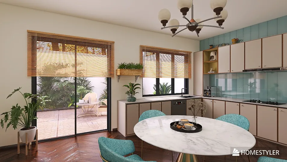 modern kitchen design featuring a round dining table with marble top, highlighting intelligent furniture arrangement to optimize small space, showcasing Homestyler's real-time 3D rendering capability.