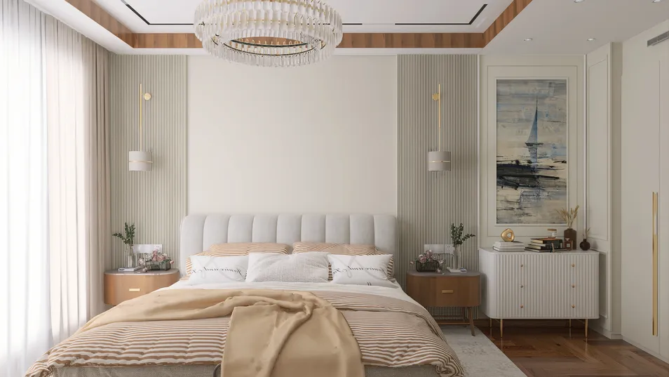 modern bedroom with stylish bedding and elegant decor featuring a chandelier, designed using Homestyler's real-time 3D rendering for an immersive interior experience.