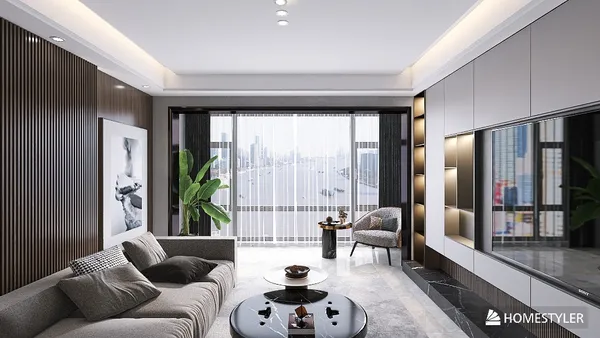 Modern living room featuring a cozy sofa and stylish decor, designed with a contemporary aesthetic for enhanced comfort and functionality, utilizing Homestyler's real-time 3D rendering for effective design presentation.