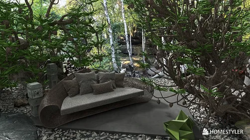 outdoor lounge sofa in a natural garden setting featuring organic design elements and greenery, showcasing an interior decor style; utilizes Homestyler's real-time 3D rendering function for an immersive design preview.