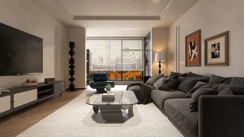 modern living room showcasing a cozy sofa arrangement with elegant design elements emphasizing a minimalist style, featuring Homestyler's real-time 3D rendering capability for quick visualization of interior design.