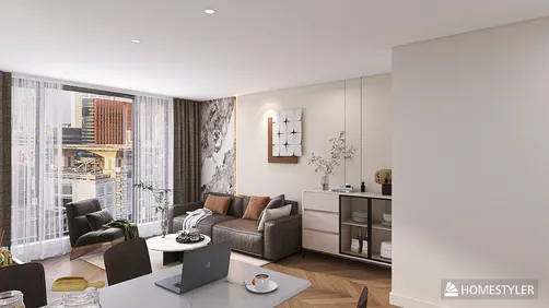 Modern living room design featuring a cozy sectional sofa and elegant decor, showcasing interior design expertise with Homestyler's real-time 3D rendering functionality for quick visualization.