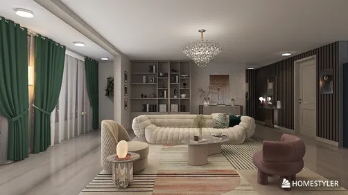 curved sofa design in modern living room with elegant green curtains and decorative chandelier showcasing interior decor style with enhanced visual appeal using Homestyler's real-time 3D rendering feature.