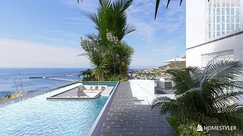 luxurious poolside area with ocean view showcasing contemporary design and outdoor relaxation space utilizing Homestyler's real-time 3D rendering feature.