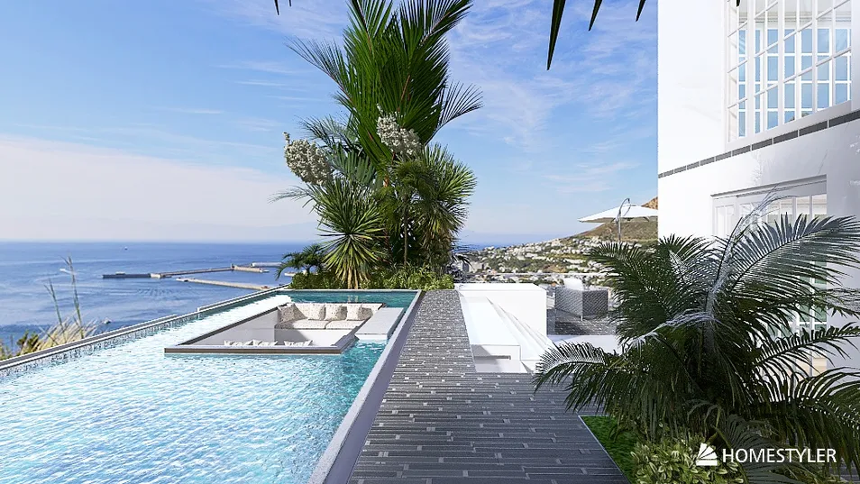 luxurious poolside area with ocean view showcasing contemporary design and outdoor relaxation space utilizing Homestyler's real-time 3D rendering feature.