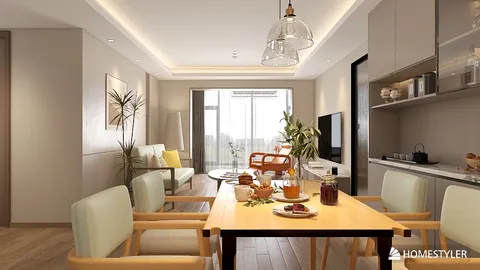 modern dining area featuring a wooden dining table with dishes and beverages arranged, incorporating a cozy seating arrangement in a well-lit space, ideal for interior decor inspiration with real-time 3D rendering from Homestyler.