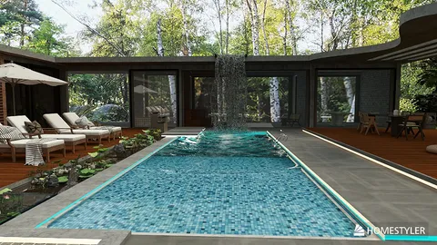 luxurious indoor pool area showcasing relaxation lounges and a waterfall feature with modern design elements for an exquisite home ambiance, utilizing Homestyler's real-time 3D rendering for design visualization.