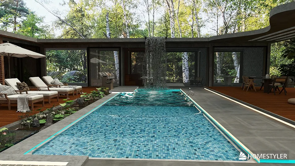 luxurious indoor pool area showcasing relaxation lounges and a waterfall feature with modern design elements for an exquisite home ambiance, utilizing Homestyler's real-time 3D rendering for design visualization.
