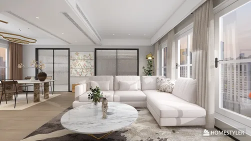 Lounge area with modern sofa arrangement showcasing stylish interior design in a contemporary living space, utilizing Homestyler's real-time 3D rendering feature for a quick design proposal.