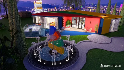 colorful outdoor area with a modern water fountain featuring geometric shapes, showcasing vibrant landscaping and contemporary architecture, optimized for outdoor space design using Homestyler's real-time 3D rendering feature