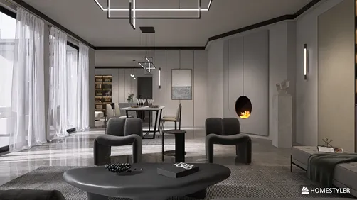 modern living room design featuring stylish furniture arrangement and sleek decor, highlighting interior design with Homestyler's real-time 3D rendering feature.