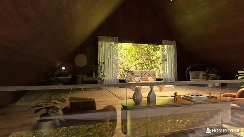 modern living room with large windows showcasing nature view, designed with Homestyler's real-time 3D rendering for immersive indoor design experience.