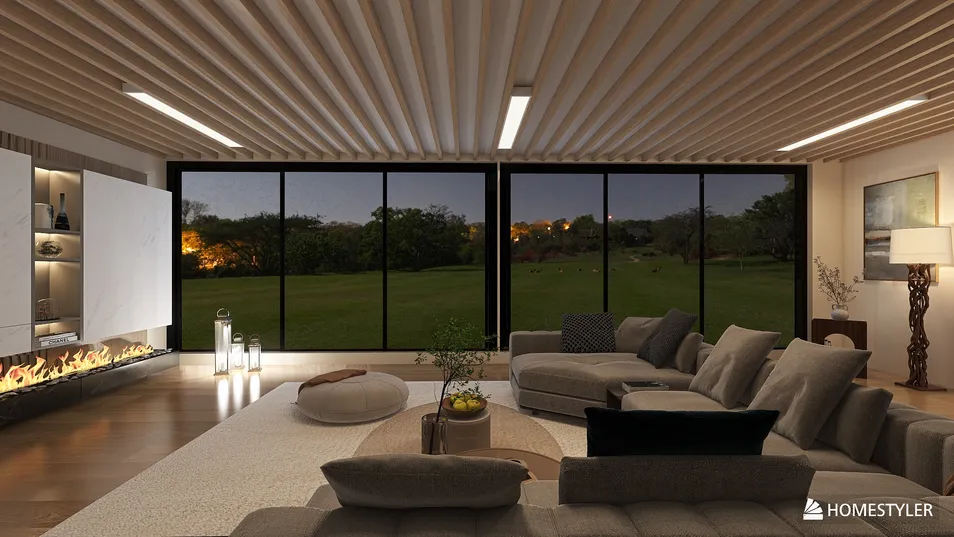 spacious living room showcasing modern furniture arrangement with a relaxing ambiance and natural light, featuring interior decor simulation for an elevated design proposal using Homestyler's real-time 3D rendering functionality.