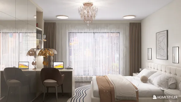A well-designed bedroom featuring a cozy bed, elegant lighting, and modern workspace, showcasing an interior decor style that emphasizes comfort and functionality. This scene utilizes Homestyler's real-time 3D rendering feature for rapid design visualization.