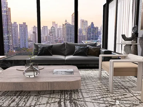Modern living room with a sleek sofa overlooking a city skyline, showcasing contemporary design elements and functional space value, enabled by Homestyler's real-time 3D rendering feature.