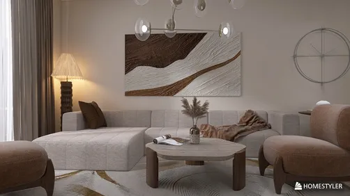 modern sofa arrangement in a cozy living room with neutral tones and textured decor highlighting comfort and relaxation, utilizing Homestyler's real-time 3D rendering feature for design preview.