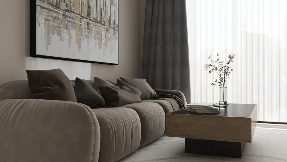 modern living room featuring a plush sofa with decorative pillows and a stylish coffee table, showcasing an elegant minimalist design aesthetic and optimized layout using Homestyler's real-time 3D rendering feature.