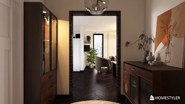 A stylish hallway featuring a wooden cabinet and decorative elements, showcasing an open design leading to a modern living space, utilizing Homestyler's real-time 3D rendering for an immersive interior layout.