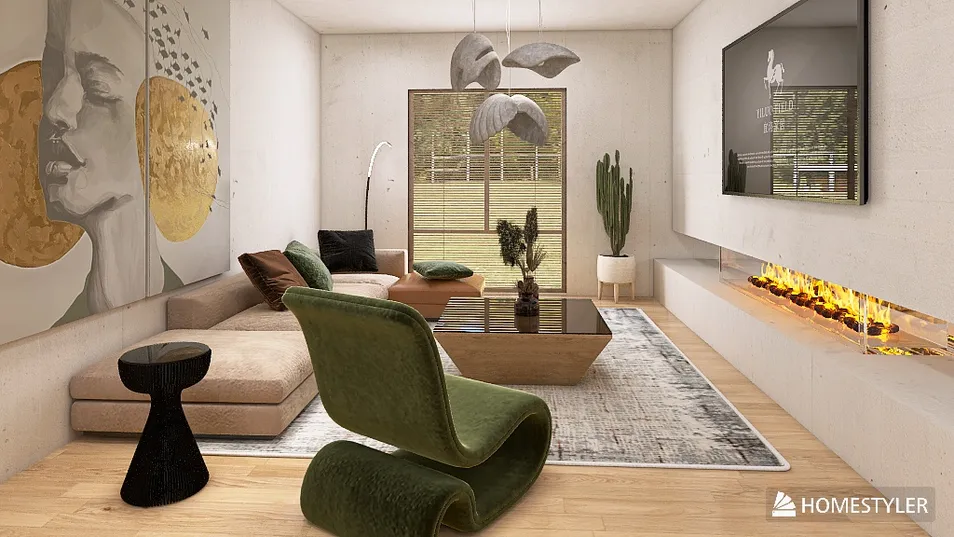 modern living room featuring a cozy sectional sofa and stylish armchair with green accents, incorporating smart furniture arrangement for small spaces, utilizing Homestyler's real-time 3D rendering feature.