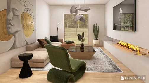 modern living room featuring a cozy sectional sofa and stylish armchair with green accents, incorporating smart furniture arrangement for small spaces, utilizing Homestyler's real-time 3D rendering feature.